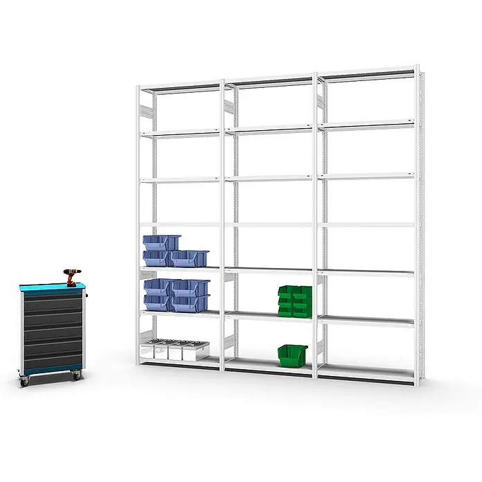 Proregal Metallregal MAGNUS Stecksystem - H x B x T: 300 x 100 x 30 cm, Traglast pro Boden: 150 kg, Anzahl Böden: 7 Stk., Stecken, Lichtgrau