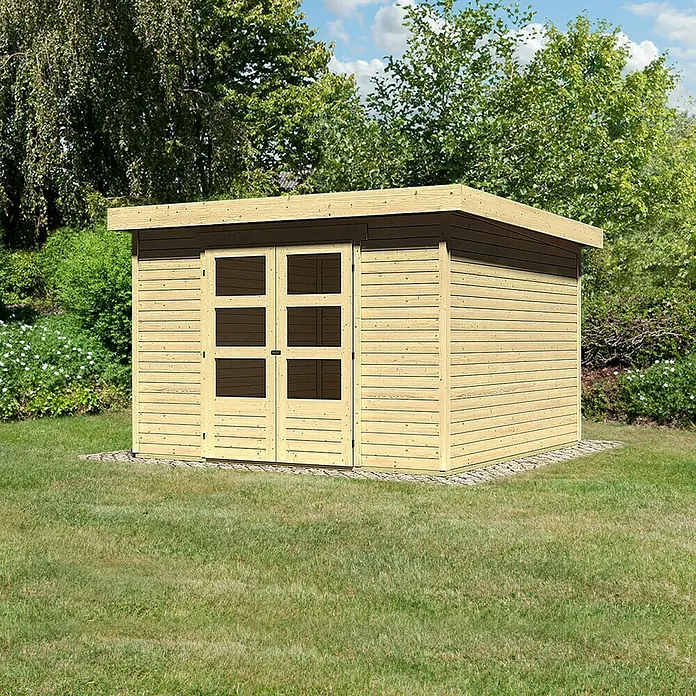 Karibu Gartenhaus Askola - Außenmaß inkl. Dachüberstand (B x T): 334 x 331 cm, Holz, Natur - Holzschuppen mit Doppeltür und Fenstern im Garten. Praktischer Holzschuppen für Gartengeräte, Werkzeuge und mehr.