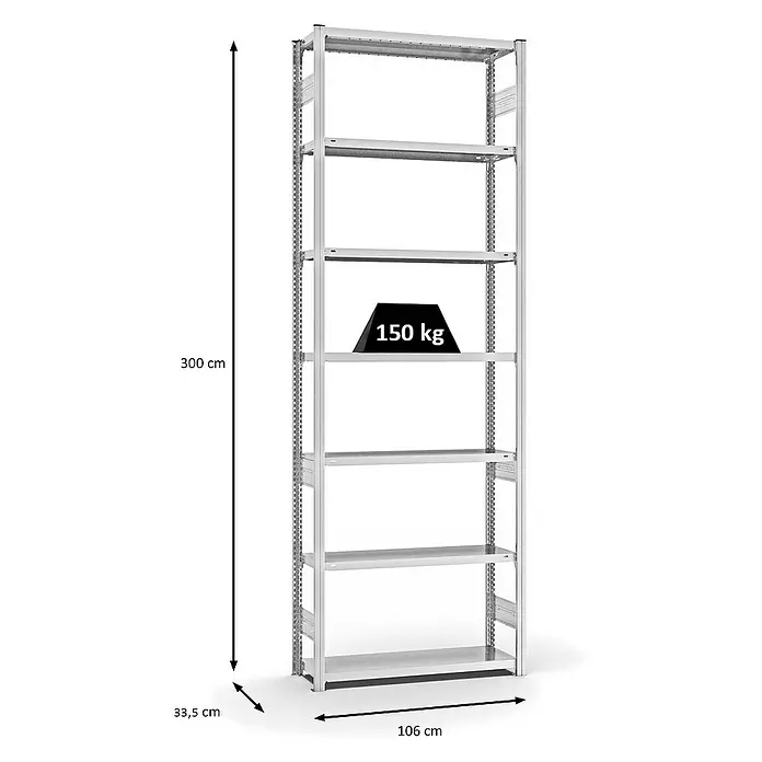Proregal Metallregal MAGNUS Stecksystem - H x B x T: 300 x 100 x 30 cm, Traglast pro Boden: 150 kg, Anzahl Böden: 7 Stk., Stecken, Lichtgrau