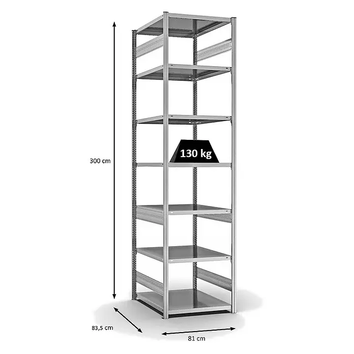 Proregal Metallregal MAGNUS Stecksystem - H x B x T: 300 x 75 x 80 cm, Traglast pro Boden: 130 kg, Anzahl Böden: 7 Stk., Stecken, Verzinkt