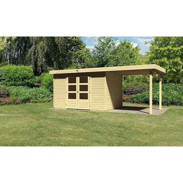 Karibu Gartenhaus Askola - Außenmaß inkl. Dachüberstand (B x T): 554 x 238 cm, Holz, Natur, Mit Anbaudach - Holzschuppen mit Anbau im Garten, ideal für Gartengeräte und als Unterstand. Natürliche Holzoptik fügt sich gut in die Umgebung ein.