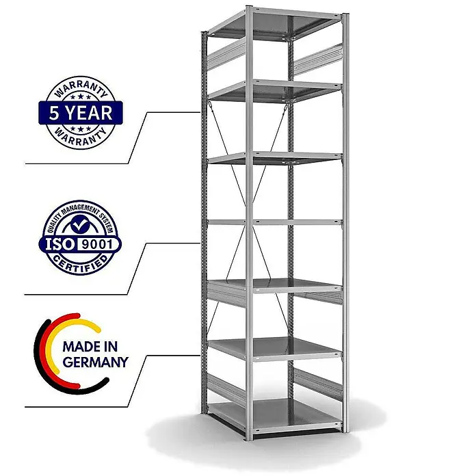 Proregal Metallregal MAGNUS Stecksystem - H x B x T: 300 x 75 x 80 cm, Traglast pro Boden: 130 kg, Anzahl Böden: 7 Stk., Stecken, Verzinkt