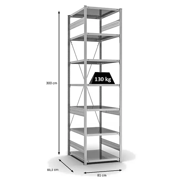 Proregal Metallregal MAGNUS Stecksystem - H x B x T: 300 x 75 x 80 cm, Traglast pro Boden: 130 kg, Anzahl Böden: 7 Stk., Stecken, Verzinkt