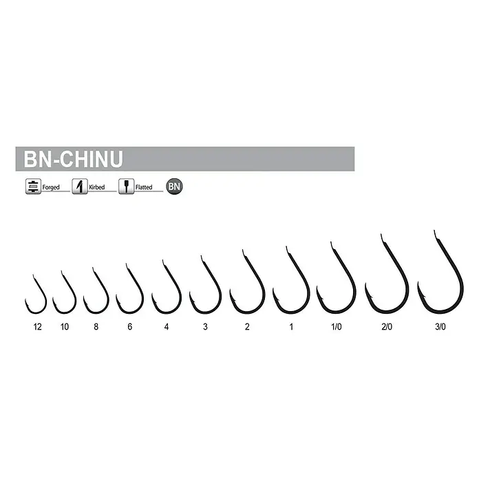 Tubertini Anzuelo de pesca BN-CHINU T.10 - 25 ud., Pez objetivo: Pez depredador - Ilustración de varios tamaños de anzuelos de pesca BN-Chinu, que van desde el tamaño 12 hasta el 3/0.
