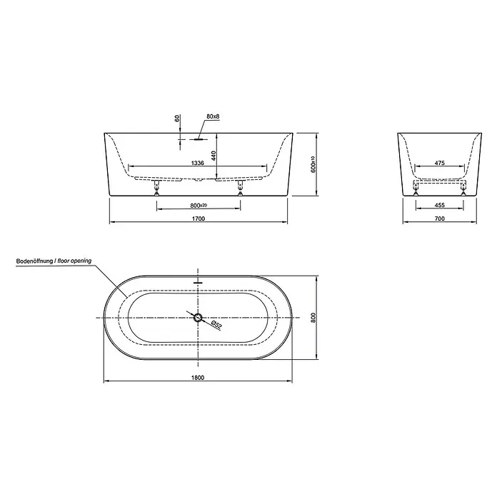Ottofond Freistehende Badewanne Mince - L x B: 180 x 80 cm, Sanitäracryl, Weiß - Technische Zeichnung einer freistehenden Badewanne mit Bemaßungen für Installation und Design.