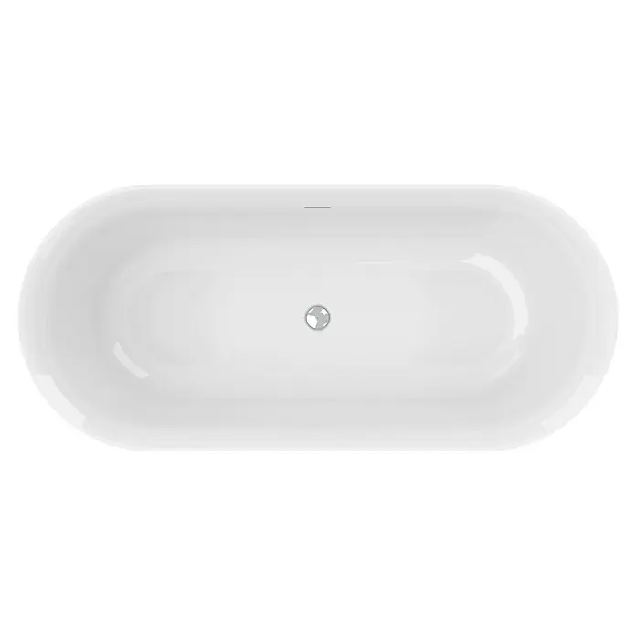 Ottofond Freistehende Badewanne Mince - L x B: 170 x 75 cm, Sanitäracryl, Weiß - Draufsicht auf eine ovale Badewanne in Weiß mit mittigem Abfluss. Die Wanne hat eine moderne, schlichte Form und lädt zum Entspannen ein.