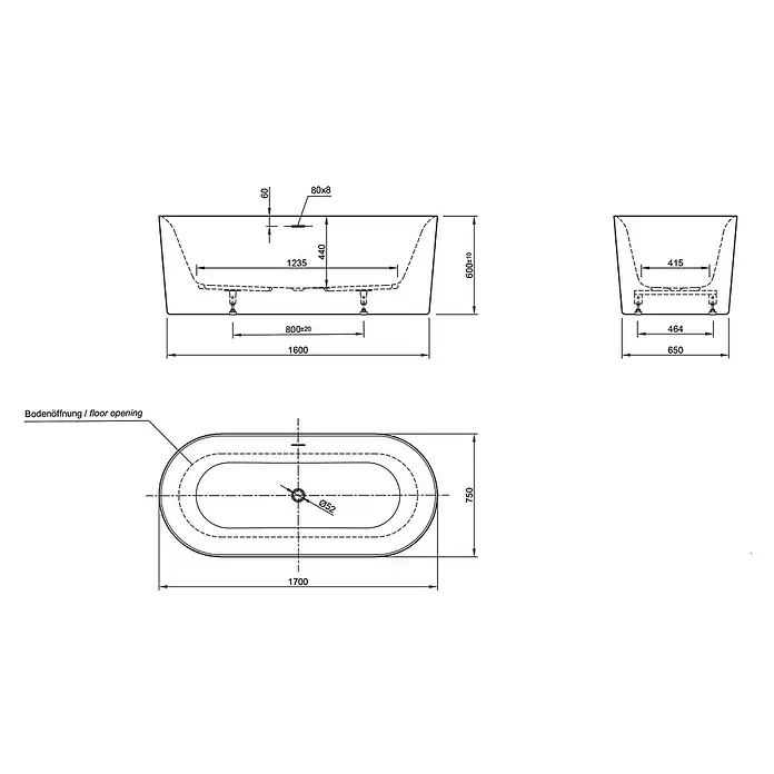 Ottofond Freistehende Badewanne Mince - L x B: 170 x 75 cm, Sanitäracryl, Weiß - Bild einer technischen Zeichnung einer freistehenden Badewanne mit Maßangaben zu Länge, Breite und Höhe der Badewanne.