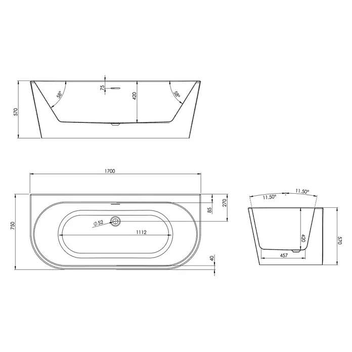 Ottofond Raumsparbadewanne Mirador - 170 x 75 cm, Sanitäracryl, Weiß - Produktzeichnung einer Badewanne mit Maßen und Winkeln, Draufsicht, Seitenansicht und Frontansicht.