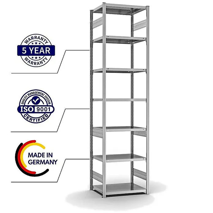 Proregal Metallregal MAGNUS Stecksystem - H x B x T: 300 x 75 x 50 cm, Traglast pro Boden: 140 kg, Anzahl Böden: 7 Stk., Stecken, Verzinkt