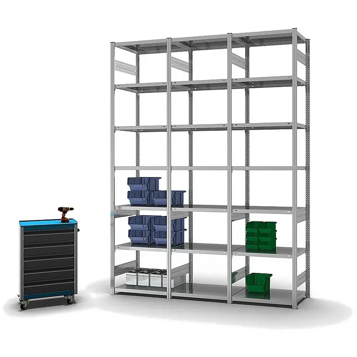 Proregal Metallregal MAGNUS Stecksystem - H x B x T: 300 x 75 x 50 cm, Traglast pro Boden: 140 kg, Anzahl Böden: 7 Stk., Stecken, Verzinkt