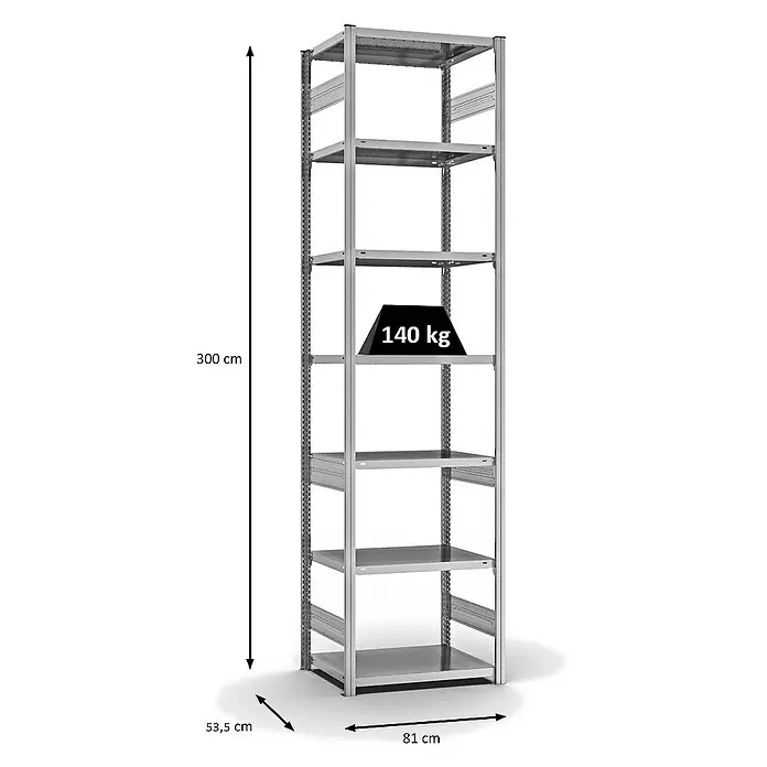 Proregal Metallregal MAGNUS Stecksystem - H x B x T: 300 x 75 x 50 cm, Traglast pro Boden: 140 kg, Anzahl Böden: 7 Stk., Stecken, Verzinkt