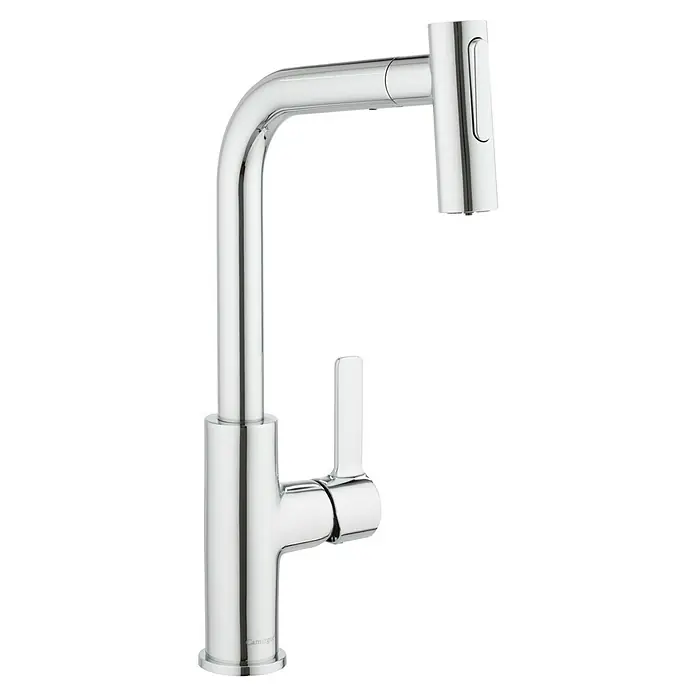 Camargue Spültischarmatur Dallas -  - Ein schlanker, verchromter Küchenhahn mit einem hohen, gebogenen Auslauf und einem seitlichen Hebel für moderne Küchen.