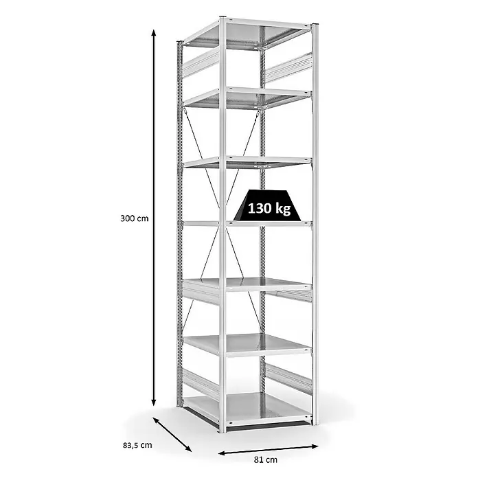 Proregal Metallregal MAGNUS Stecksystem - H x B x T: 300 x 75 x 80 cm, Traglast pro Boden: 130 kg, Anzahl Böden: 7 Stk., Stecken, Lichtgrau