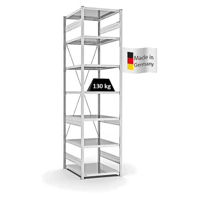 Proregal Metallregal MAGNUS Stecksystem - H x B x T: 300 x 75 x 80 cm, Traglast pro Boden: 130 kg, Anzahl Böden: 7 Stk., Stecken, Lichtgrau