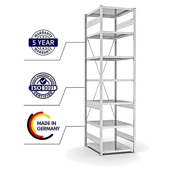 Proregal Metallregal MAGNUS Stecksystem - H x B x T: 300 x 75 x 80 cm, Traglast pro Boden: 130 kg, Anzahl Böden: 7 Stk., Stecken, Lichtgrau