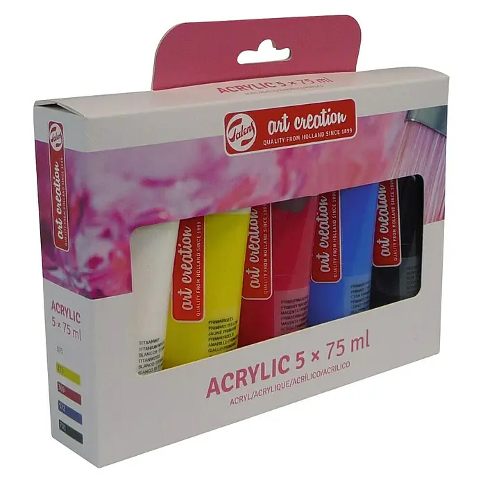 Talens Art Creation Pintura acrílica - Multicolor, 5 ud. x 75 ml - Un paquete de pintura acrílica Art Creation con 5 colores de 75 ml cada uno, ideal para artistas y artesanos.