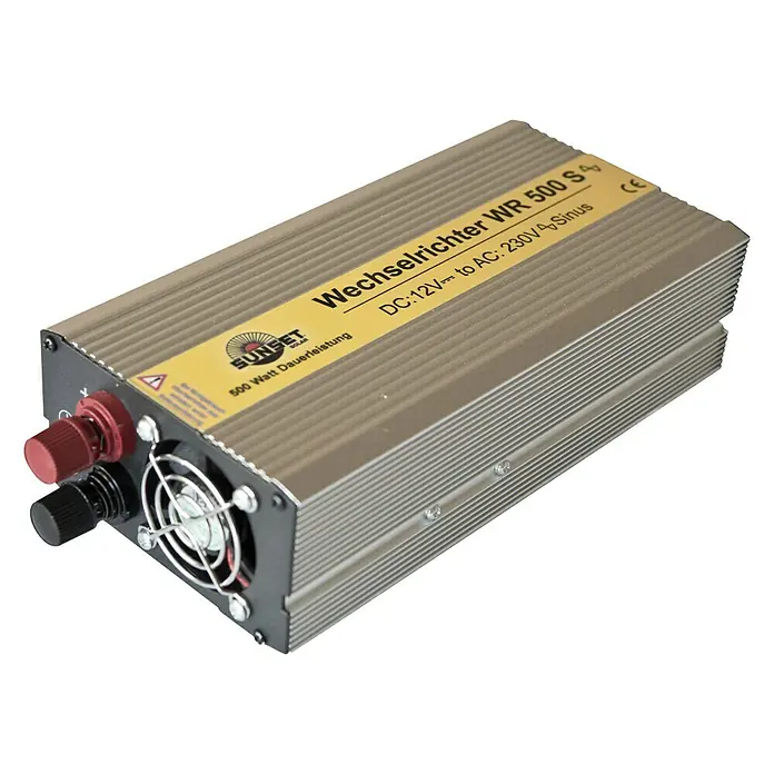 Sunset Wechselrichter WR 500S - 500 W - Bild eines Wechselrichters WR 500 S von Sunset Solar mit 500 Watt Dauerleistung und DC 12V zu AC 230V Sinus-Wandlung für Solarstrom.
