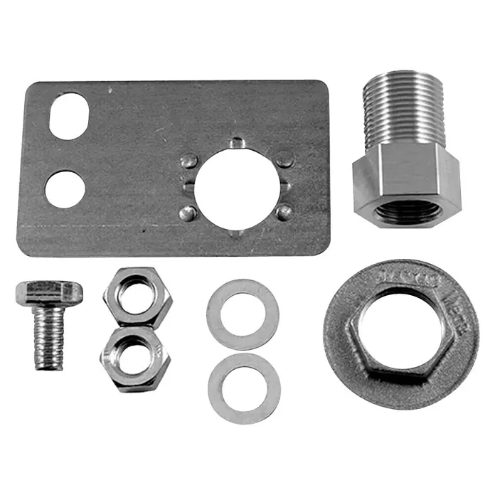 Duravit Anschluss-Set - Metall - Das Bild zeigt verschiedene silberne Hardware-Komponenten wie Schrauben, Muttern, Unterlegscheiben und eine Montageplatte auf schwarzem Hintergrund.
