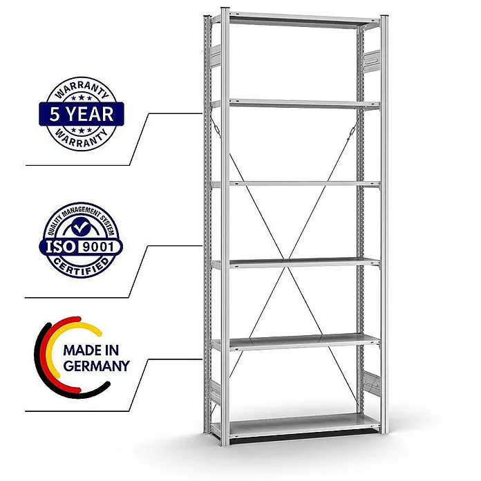 Proregal Metallregal MAGNUS Stecksystem - H x B x T: 250 x 100 x 30 cm, Traglast pro Boden: 125 kg, Anzahl Böden: 6 Stk., Stecken, Verzinkt