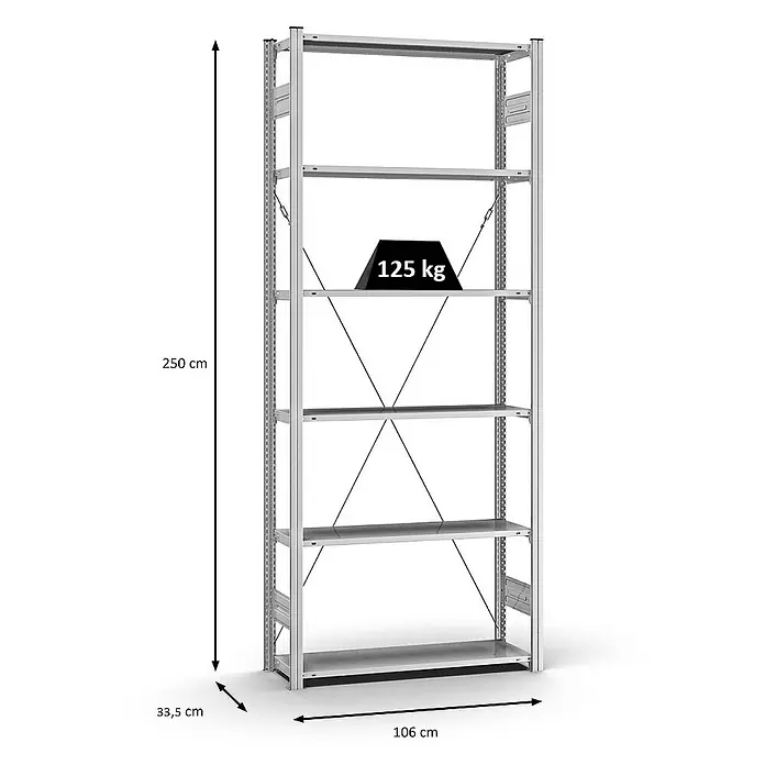 Proregal Metallregal MAGNUS Stecksystem - H x B x T: 250 x 100 x 30 cm, Traglast pro Boden: 125 kg, Anzahl Böden: 6 Stk., Stecken, Verzinkt