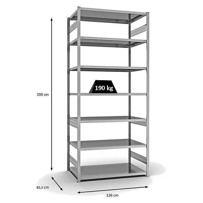 Proregal Metallregal MAGNUS Stecksystem - H x B x T: 300 x 130 x 80 cm, Anzahl Böden: 7 Stk., Stecken, Verzinkt