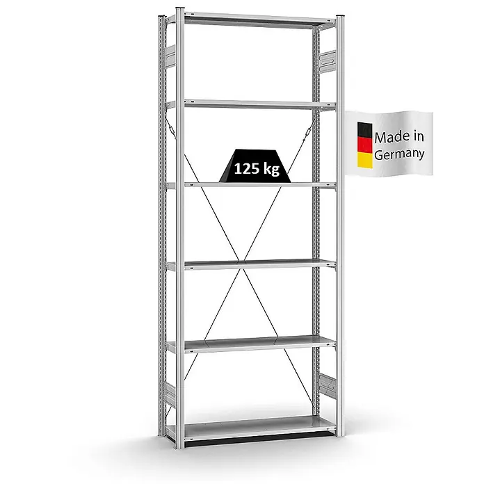 Proregal Metallregal MAGNUS Stecksystem - H x B x T: 250 x 100 x 30 cm, Traglast pro Boden: 125 kg, Anzahl Böden: 6 Stk., Stecken, Verzinkt