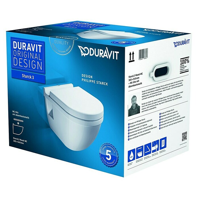 Duravit Starck 3 Wand-WC-Set (Mit WC-Sitz, Tiefspüler, Montageeigenschaft: Sichtbar, Weiß)