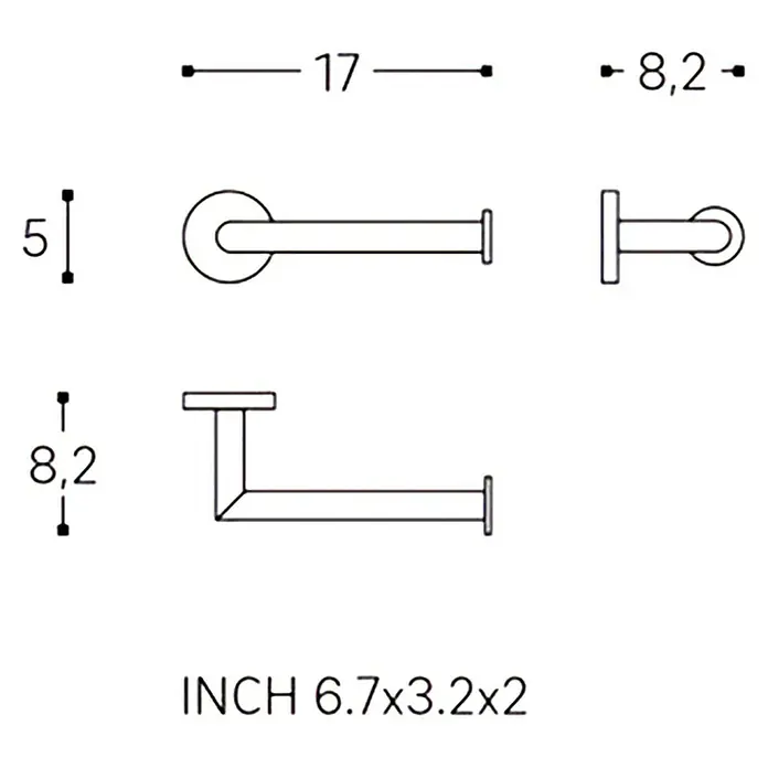 Cosmic Portarrollos Dual Start - Sin tapa, Negro - Dibujo técnico de un moderno portarrollos de papel higiénico con medidas en milímetros y dimensiones en pulgadas.