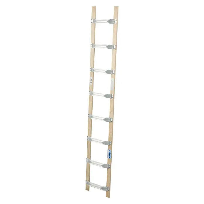 Krause Dachleiter - Länge: 2,25 m, Anzahl Tritte: 8 Stk., Aluminium, Holme aus wasserfestem, verleimtem, mehrlagigem Schichtholz - Bild einer KRAUSE Holzleiter mit Sprossen und Metallsicherung für Stabilität und sicheren Aufstieg.