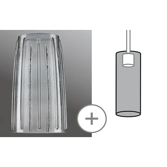 Paulmann URail 2Easy Pantalla de lámpara Drio - Diámetro: 15,2 cm, Transparente, Vidrio, Redonda - Imagen de producto de una pantalla de lámpara de vidrio transparente acanalado con un dibujo de lámpara cilíndrica, que muestra un diseño moderno y elegante.