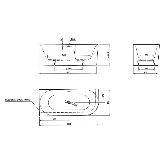 Ottofond Badewanne Mince Corner - 170 x 75 cm, Sanitäracryl, Weiß, Ausrichtung Wanne: Rechts - Technische Zeichnung einer Badewanne mit Maßen. Die Skizze zeigt das Design und die Abmessungen der Wanne für Installationszwecke.