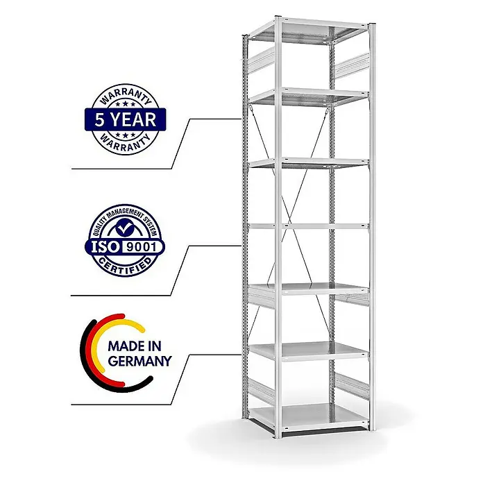 Proregal Metallregal MAGNUS Stecksystem - H x B x T: 300 x 75 x 60 cm, Traglast pro Boden: 140 kg, Anzahl Böden: 7 Stk., Stecken, Lichtgrau