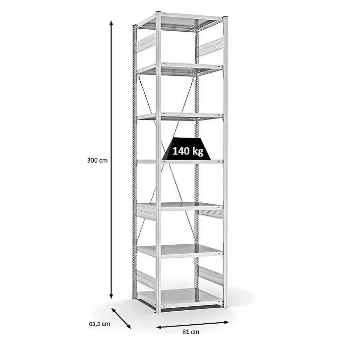 Proregal Metallregal MAGNUS Stecksystem - H x B x T: 300 x 75 x 60 cm, Traglast pro Boden: 140 kg, Anzahl Böden: 7 Stk., Stecken, Lichtgrau