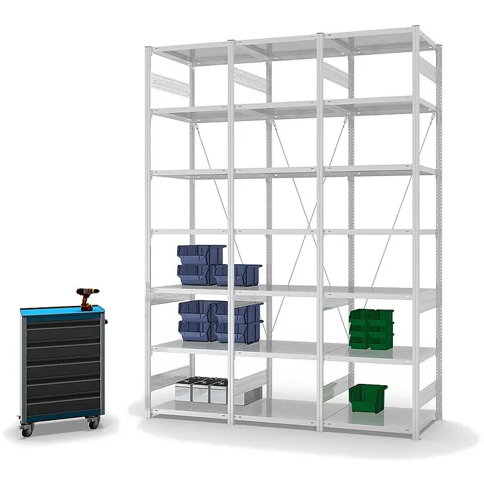 Proregal Metallregal MAGNUS Stecksystem - H x B x T: 300 x 75 x 60 cm, Traglast pro Boden: 140 kg, Anzahl Böden: 7 Stk., Stecken, Lichtgrau