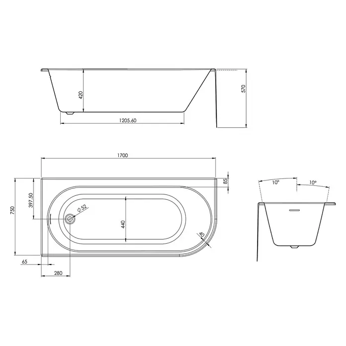 Ottofond Badewanne Mirador Corner - 170 x 75 cm, Sanitäracryl, Weiß, Ausrichtung Wanne: Links - Technische Zeichnung einer Badewanne mit Maßen und Ansichten. Die Badewanne ist rechteckig mit abgerundeten Ecken.