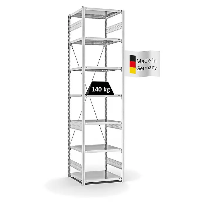 Proregal Metallregal MAGNUS Stecksystem - H x B x T: 300 x 75 x 60 cm, Traglast pro Boden: 140 kg, Anzahl Böden: 7 Stk., Stecken, Lichtgrau