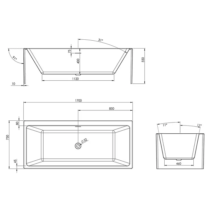 Ottofond Raumsparbadewanne Seaport - 170 x 75 cm, Sanitäracryl, Weiß - Eine detaillierte Skizze einer rechteckigen Badewanne mit Maßen und Winkeln. Präzise Darstellung für Planung und Design.