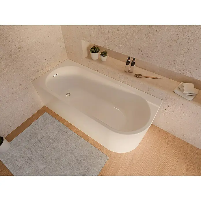 Ottofond Badewanne Mirador Corner - 170 x 75 cm, Sanitäracryl, Weiß, Ausrichtung Wanne: Links - Einbau Badewanne in einem modernen Badezimmer mit stilvollen Akzenten. Die weiße Wanne fügt sich nahtlos in das minimalistische Design ein.