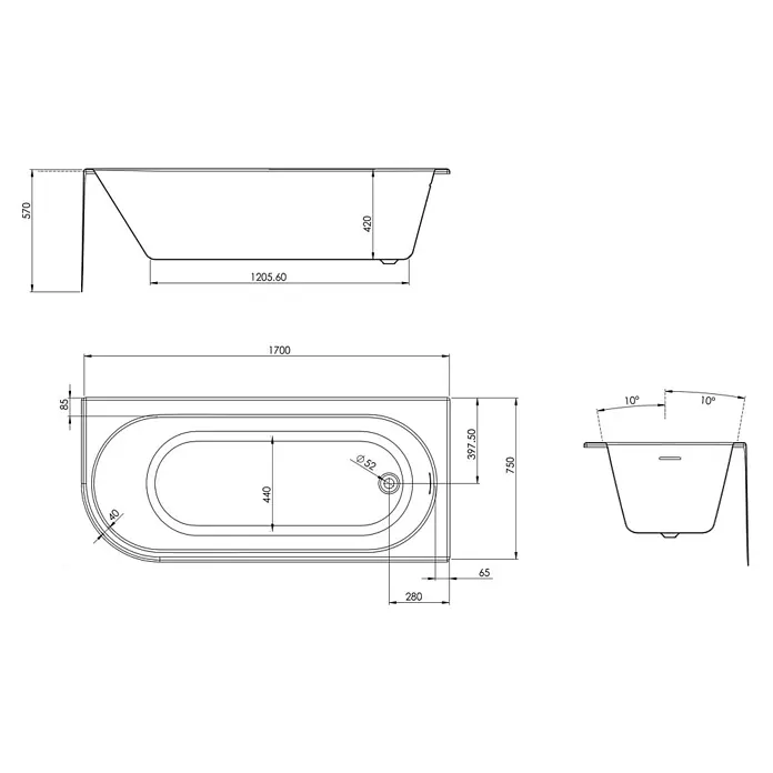 Ottofond Badewanne Mirador Corner - 170 x 75 cm, Sanitäracryl, Weiß, Ausrichtung Wanne: Rechts - Abbildung einer Badewannen-Skizze mit verschiedenen Ansichten und Maßangaben, die die Abmessungen und das Design des Produkts veranschaulichen.
