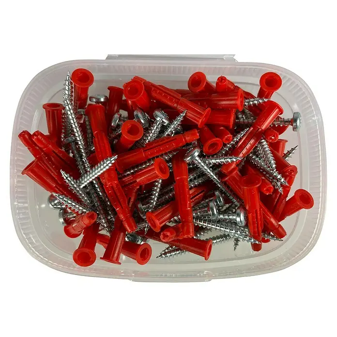Profi Depot Universaldübel - Ø x L: 6 x 38 mm, Kunststoff, 60 Stk. - Eine durchsichtige Kunststoffbox gefüllt mit roten Dübeln und glänzenden Schrauben, die für verschiedene Befestigungsarbeiten verwendet werden können.
