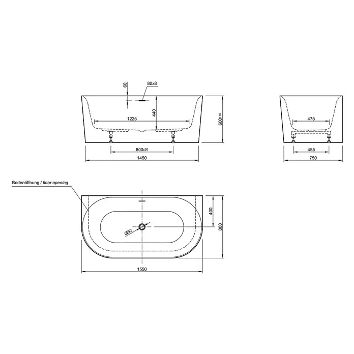 Ottofond Raumsparbadewanne Mince - 155 x 80 cm, Sanitäracryl, Weiß - Technische Zeichnung einer Badewanne mit Bemaßung, einschließlich Seiten-, Vorder- und Draufsicht.