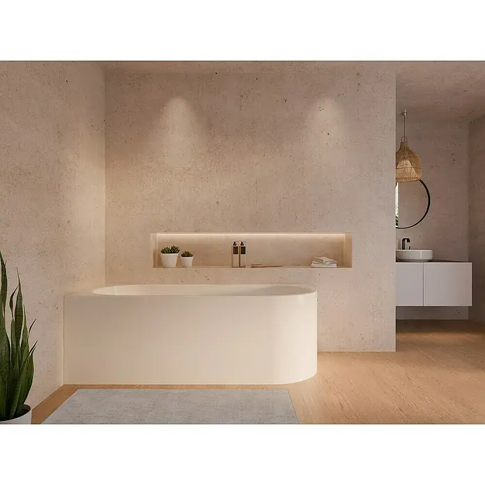 Ottofond Badewanne Mirador Corner - 170 x 75 cm, Sanitäracryl, Weiß, Ausrichtung Wanne: Links - Elegantes Badezimmer mit freistehender Badewanne, eingelassener Ablagefläche und modernem Waschtischbereich. Harmonische Farbgebung und natürliche Materialien.