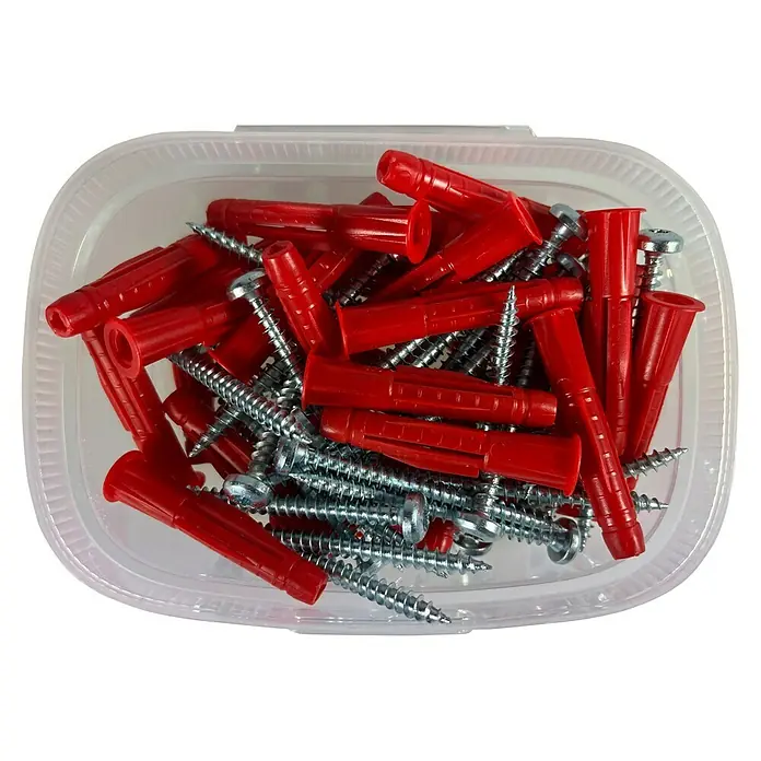Profi Depot Universaldübel - Ø x L: 8 x 51 mm, Kunststoff, 30 Stk. - Nahaufnahme einer transparenten Kunststoffbox gefüllt mit roten Dübeln und silbernen Schrauben für Bau- und Heimwerkerprojekte.
