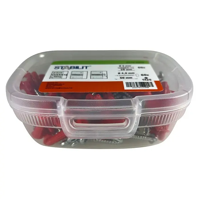 Profi Depot Universaldübel - Ø x L: 6 x 38 mm, Kunststoff, 60 Stk. - Eine transparente Dose mit roten Dübeln und Schrauben, etikettiert mit "Stabilit".