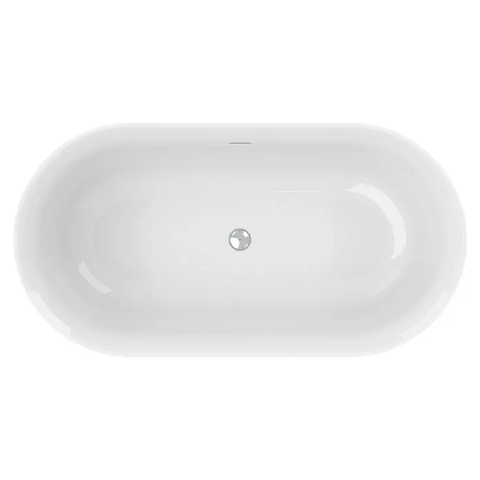 Ottofond Freistehende Badewanne Mince - L x B: 155 x 80 cm, Sanitäracryl, Weiß - Top-Ansicht einer weißen, ovalen Badewanne mit einem mittig platzierten Abfluss. Die Wanne hat ein schlichtes, modernes Design.