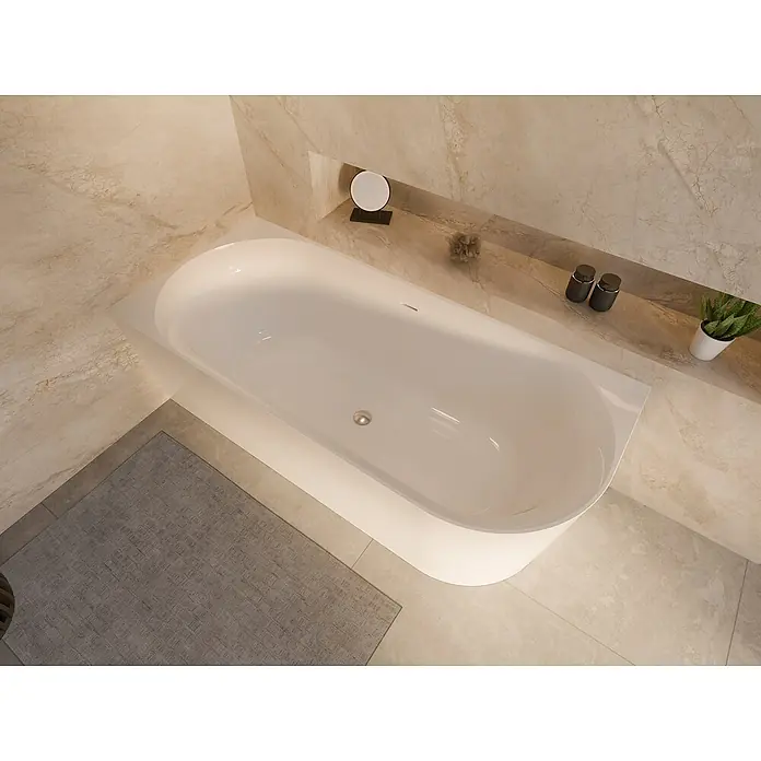 Ottofond Badewanne Mince Corner - 170 x 75 cm, Sanitäracryl, Weiß, Ausrichtung Wanne: Rechts - Aufsicht auf eine moderne, freistehende Badewanne mit LED-Beleuchtung in einem stilvollen Badezimmer.