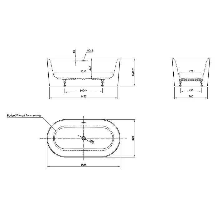 Ottofond Freistehende Badewanne Mince - L x B: 155 x 80 cm, Sanitäracryl, Weiß - Produktskizze einer Badewanne mit Maßangaben zu Länge (1550 mm), Höhe (600 mm) und Breite (800 mm) sowie Details zur Bodenöffnung.