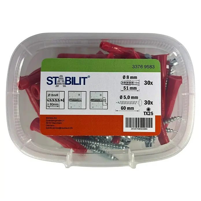 Profi Depot Universaldübel - Ø x L: 8 x 51 mm, Kunststoff, 30 Stk. - Dose mit Dübeln und Schrauben der Marke Stabilit, 8 mm Durchmesser, 51 mm Länge, 30 Stück, 5 mm Durchmesser, 60 mm Länge, 30 Stück.
