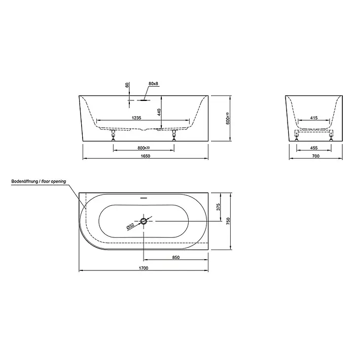 Ottofond Badewanne Mince Corner - 170 x 75 cm, Sanitäracryl, Weiß, Ausrichtung Wanne: Links - Technische Zeichnung einer Badewanne mit Abmessungen.
