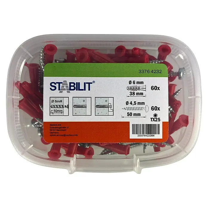 Profi Depot Universaldübel - Ø x L: 6 x 38 mm, Kunststoff, 60 Stk. - Eine Dose mit STABILIT Dübeln, 6mm Durchmesser, 38mm Länge, und Schrauben, 4,5mm Durchmesser, 50mm Länge, für sichere Befestigungen.